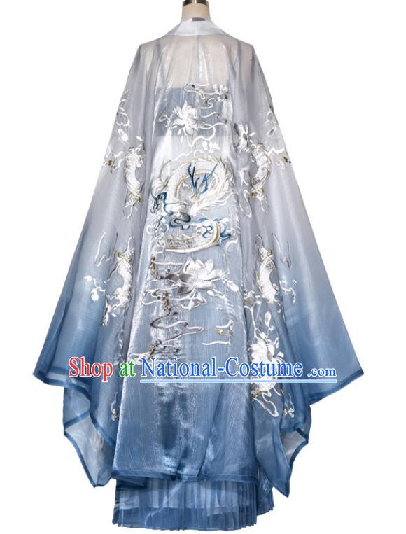 China Tang Dynasty Princess Blue Dresses Traditional Hanfu Embroidered Hezi Qun Clothing Ancient Palace Lady Costumes