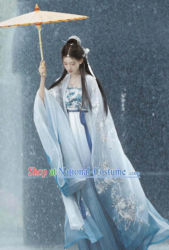 China Tang Dynasty Princess Blue Dresses Traditional Hanfu Embroidered Hezi Qun Clothing Ancient Palace Lady Costumes