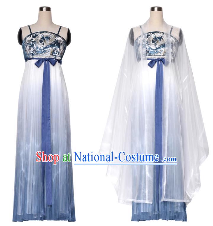 China Tang Dynasty Princess Blue Dresses Traditional Hanfu Embroidered Hezi Qun Clothing Ancient Palace Lady Costumes