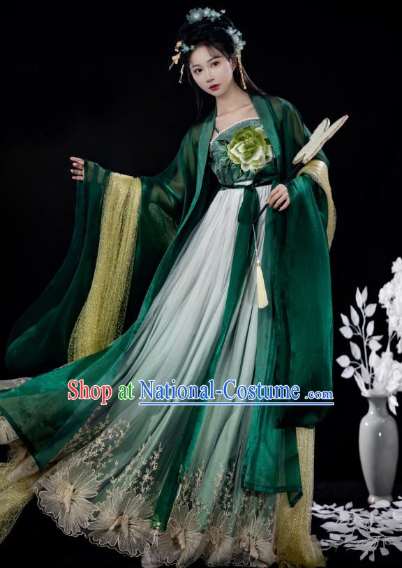 China Tang Dynasty Royal Princess Clothing Traditional Hanfu Embroidered Hezi Qun Ancient Court Woman Green Dresses