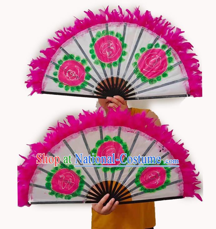 Korean Dance Dance Fan Peony Flower Rose Red Feather Fan Dance Opening Dance Dance Props Large Fan