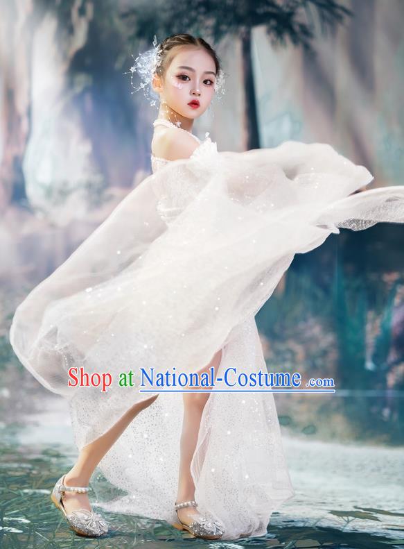 Girls White Shiny Bling Trailing Sleeves Catwalk Clothes Fairy Suit Fairy