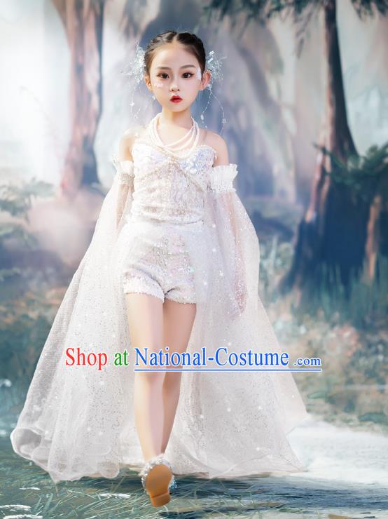 Girls White Shiny Bling Trailing Sleeves Catwalk Clothes Fairy Suit Fairy