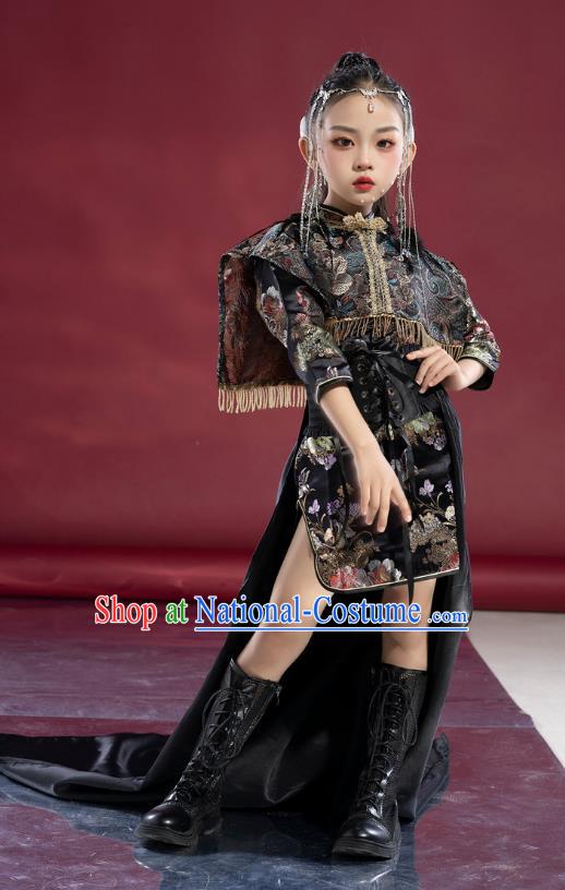 Girls Model National Trend Trailing Cheongsam Children Chinese Style T Stage Catwalk Dress Guqin Test Grade Performance Clothing