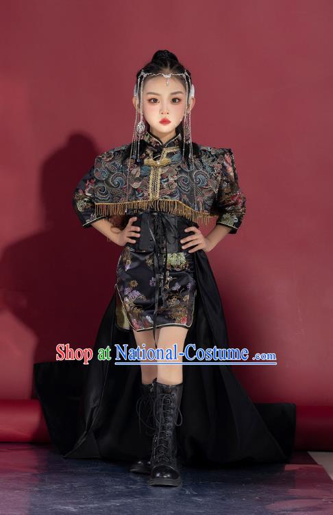 Girls Model National Trend Trailing Cheongsam Children Chinese Style T Stage Catwalk Dress Guqin Test Grade Performance Clothing