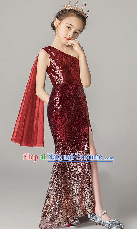 Girls Evening Dress Temperament Slim Mermaid Skirt Sequin Trailing Dress Children Host Model Catwalk Costumes