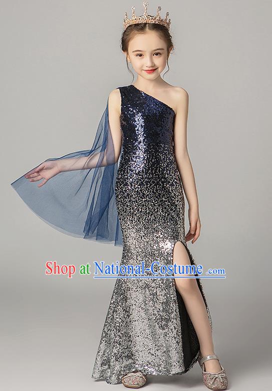 Girls Evening Dress Temperament Slim Mermaid Skirt Sequin Trailing Dress Children Host Model Catwalk Costumes