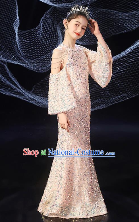 Girls Evening Dress Temperament Slim Mermaid Skirt Sequin Trailing Dress Children Host Model Catwalk Costumes