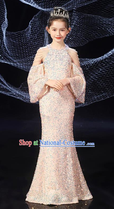 Girls Evening Dress Temperament Slim Mermaid Skirt Sequin Trailing Dress Children Host Model Catwalk Costumes