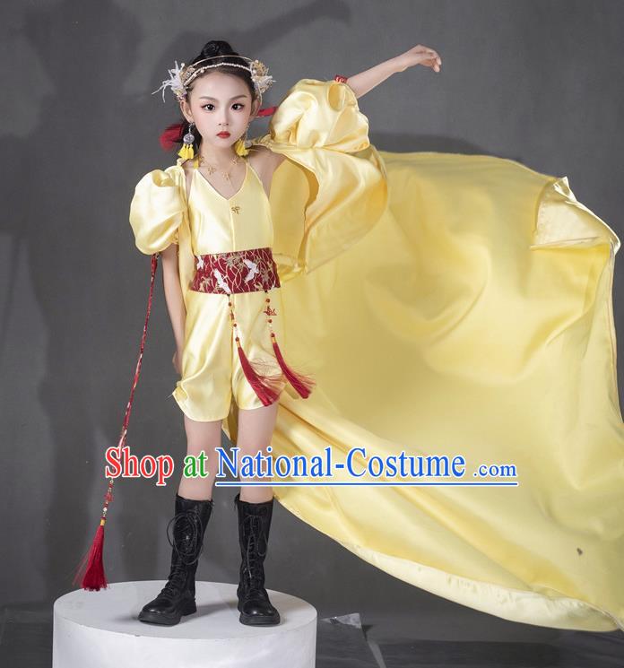 Girls Yellow Twenty Four Solar Terms Awakening Of Insects Dress Chinese Style Suit T Stage Show Catwalk Competition Suit