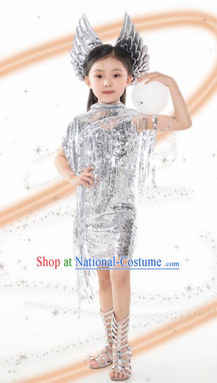 Girls Model Competition Trendy Clothes Children Catwalk Catwalk Princess Silver Sequins Future Technology Sense Yuan Universe Dress