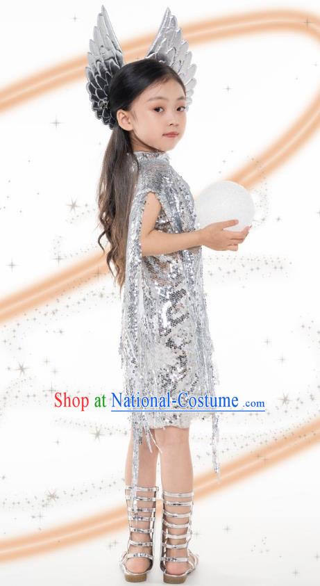 Girls Model Competition Trendy Clothes Children Catwalk Catwalk Princess Silver Sequins Future Technology Sense Yuan Universe Dress