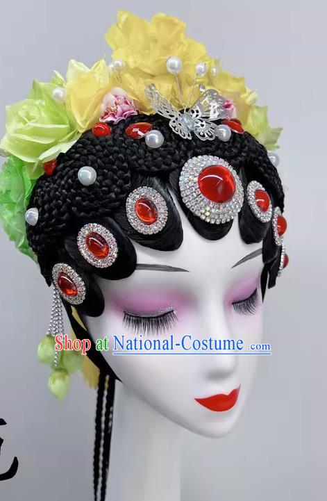 National Wind Opera Dance Performance Headdress Stage Performance Dance Headdress Yellow Green Gradient Opera Wig