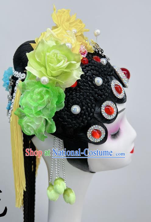 National Wind Opera Dance Performance Headdress Stage Performance Dance Headdress Yellow Green Gradient Opera Wig