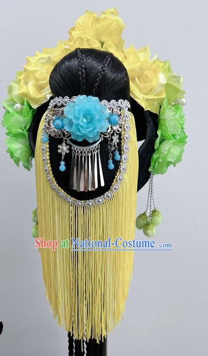 National Wind Opera Dance Performance Headdress Stage Performance Dance Headdress Yellow Green Gradient Opera Wig