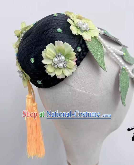 Chinese Classical Dance Fangchun Xing Wig Hair Bag Headdress Handmade Beaded Tassel Art Test Dance Headdress