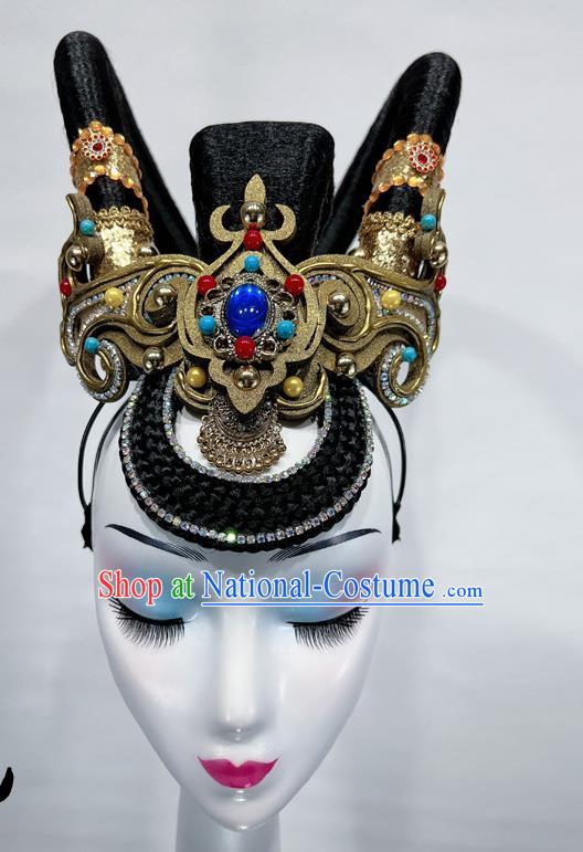 Dunhuang Feitian Art Test Performance Chinese Classical Dance Headdress Wig Double Ring Hair Bun Rebound Pipa Dance Headdress