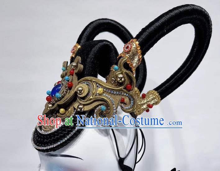 Dunhuang Feitian Art Test Performance Chinese Classical Dance Headdress Wig Double Ring Hair Bun Rebound Pipa Dance Headdress