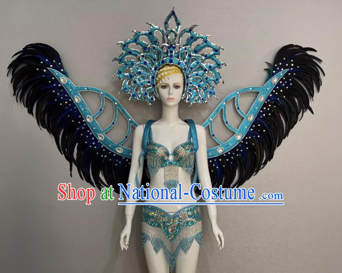 Blue Opening Dance Show Feather Headdress Dance Team Samba Costumes Mardi Gras Halloween