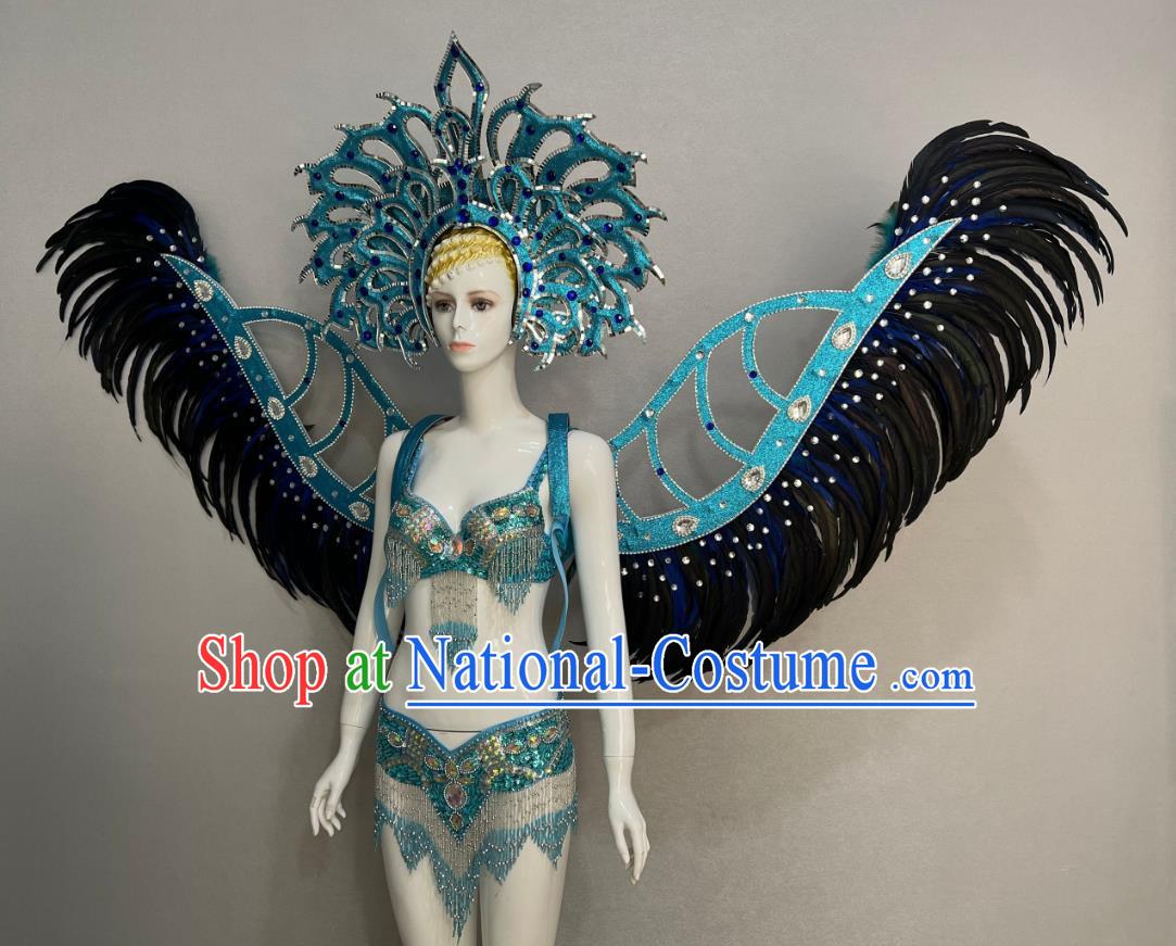 Blue Opening Dance Show Feather Headdress Dance Team Samba Costumes Mardi Gras Halloween