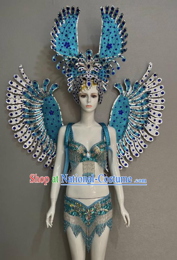 Blue Opening Dance Show Feather Headdress Dance Team Samba Costumes Mardi Gras Halloween