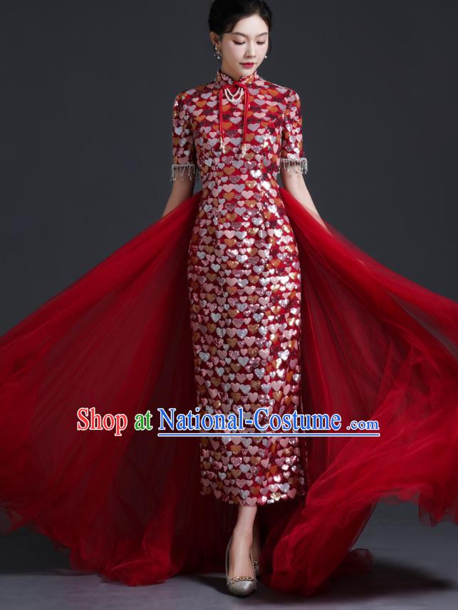 Chinese Bride Wedding Toast Dress Cheongsam Heavy Industry Long Section Noble Banquet Stage Catwalk Costume Sequins