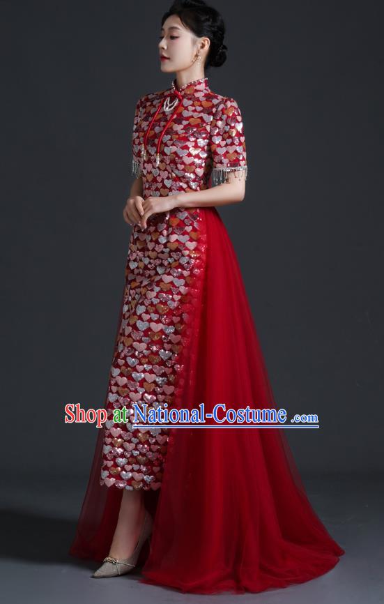 Chinese Bride Wedding Toast Dress Cheongsam Heavy Industry Long Section Noble Banquet Stage Catwalk Costume Sequins