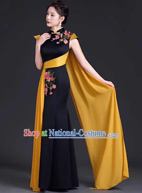 High Evening Dress Chinese Style Ladies Mermaid Model Group Stage Catwalk Costume Black