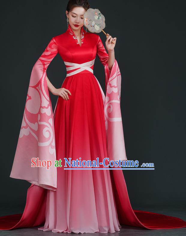 China Style Stage Catwalk Show Costumes Long Trailing Cheongsam Team Dress Art Examination Clothes