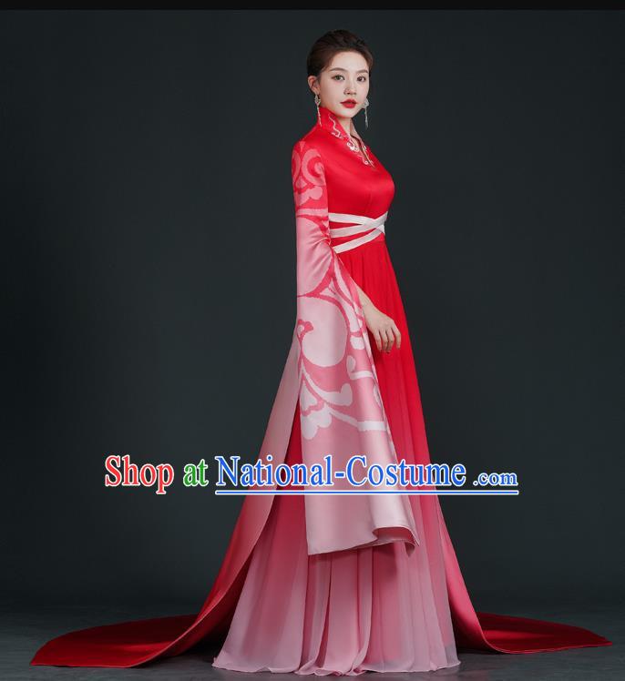 China Style Stage Catwalk Show Costumes Long Trailing Cheongsam Team Dress Art Examination Clothes