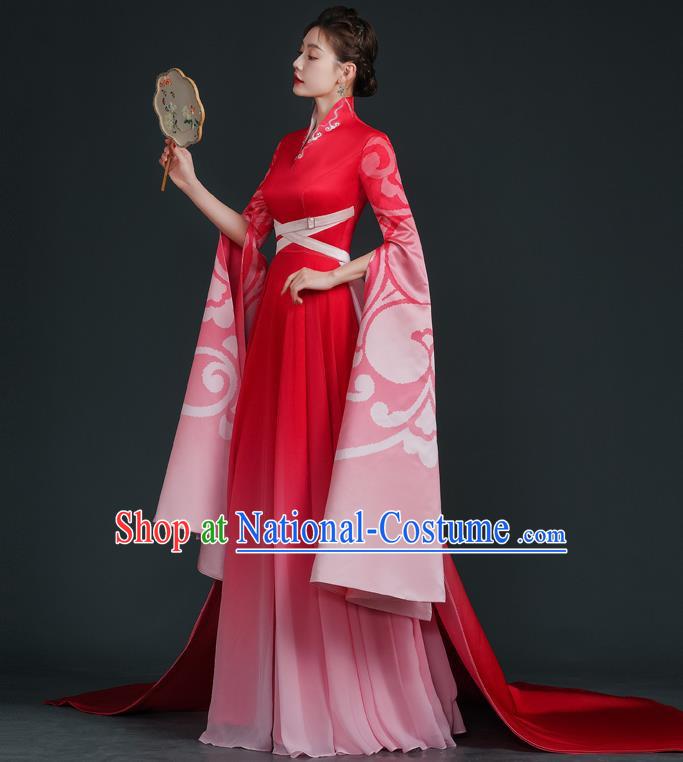 China Style Stage Catwalk Show Costumes Long Trailing Cheongsam Team Dress Art Examination Clothes