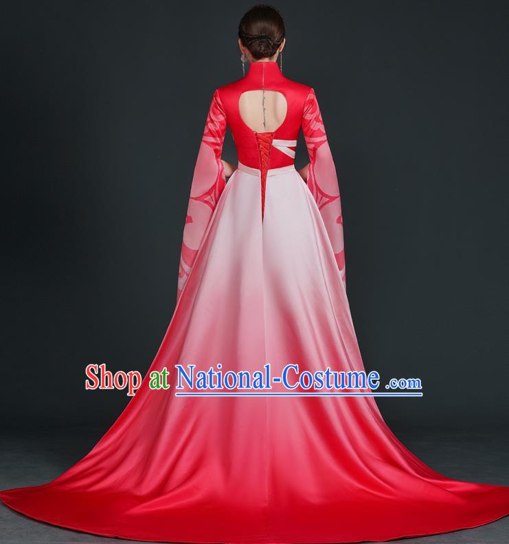 China Style Stage Catwalk Show Costumes Long Trailing Cheongsam Team Dress Art Examination Clothes