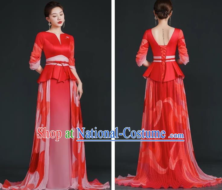 China Style Stage Catwalk Show Costumes Long Trailing Cheongsam Team Dress Art Examination Clothes