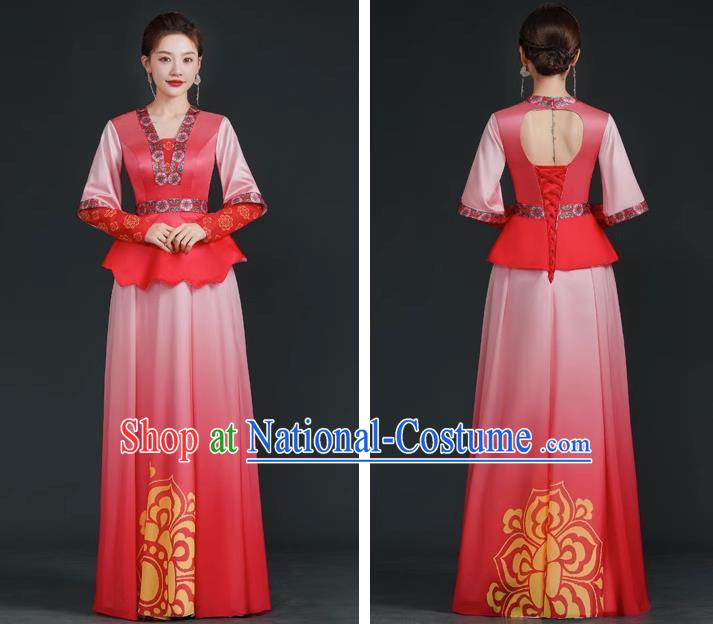 China Style Stage Catwalk Show Costumes Long Trailing Cheongsam Team Dress Art Examination Clothes