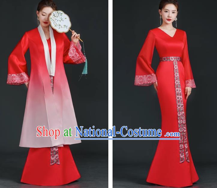 China Style Stage Catwalk Show Costumes Long Trailing Cheongsam Team Dress Art Examination Clothes