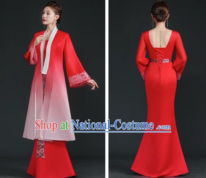 China Style Stage Catwalk Show Costumes Long Trailing Cheongsam Team Dress Art Examination Clothes