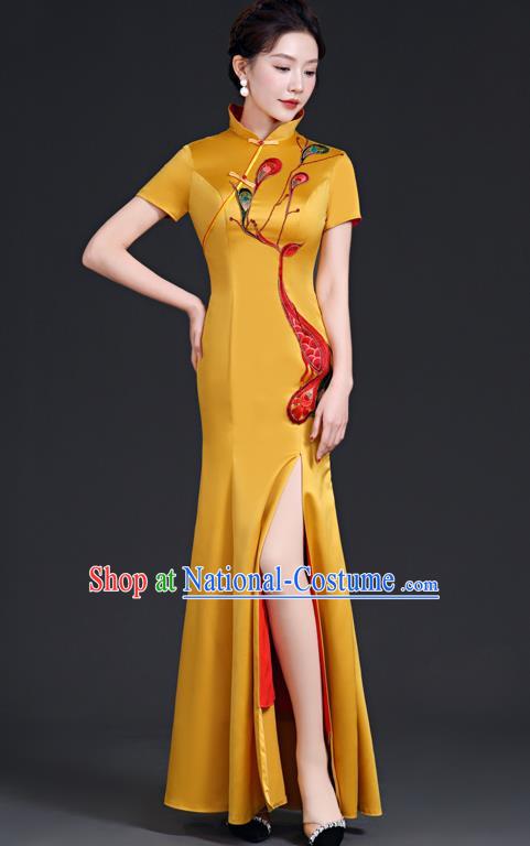 Chinese Style Top Evening Dress High Collar Long Fishtail Self Cultivation Annual Meeting Model Catwalk Costume Yellow