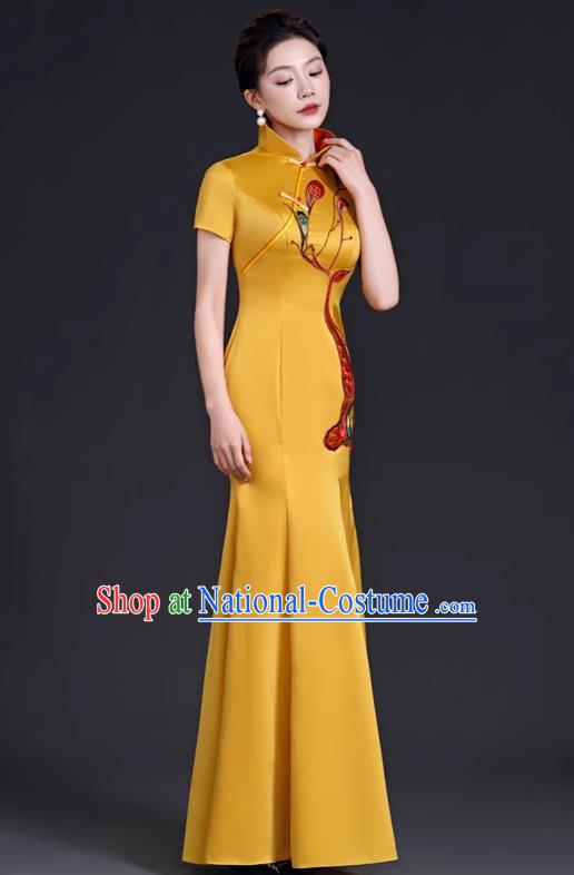 Chinese Style Top Evening Dress High Collar Long Fishtail Self Cultivation Annual Meeting Model Catwalk Costume Yellow