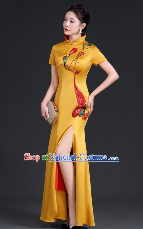 Chinese Style Top Evening Dress High Collar Long Fishtail Self Cultivation Annual Meeting Model Catwalk Costume Yellow