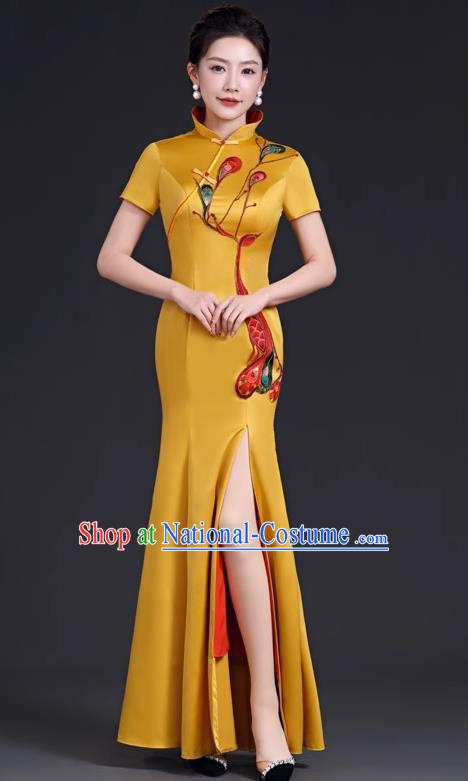 Chinese Style Top Evening Dress High Collar Long Fishtail Self Cultivation Annual Meeting Model Catwalk Costume Yellow