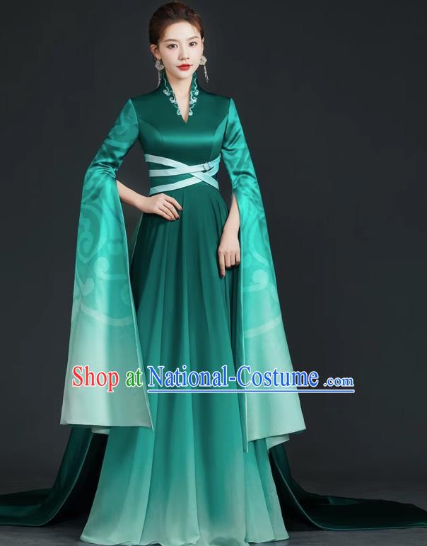 China Style Top Catwalk Evening Dress Trailing Long Model Team Stage Performance Clothing Art Test Dress Green