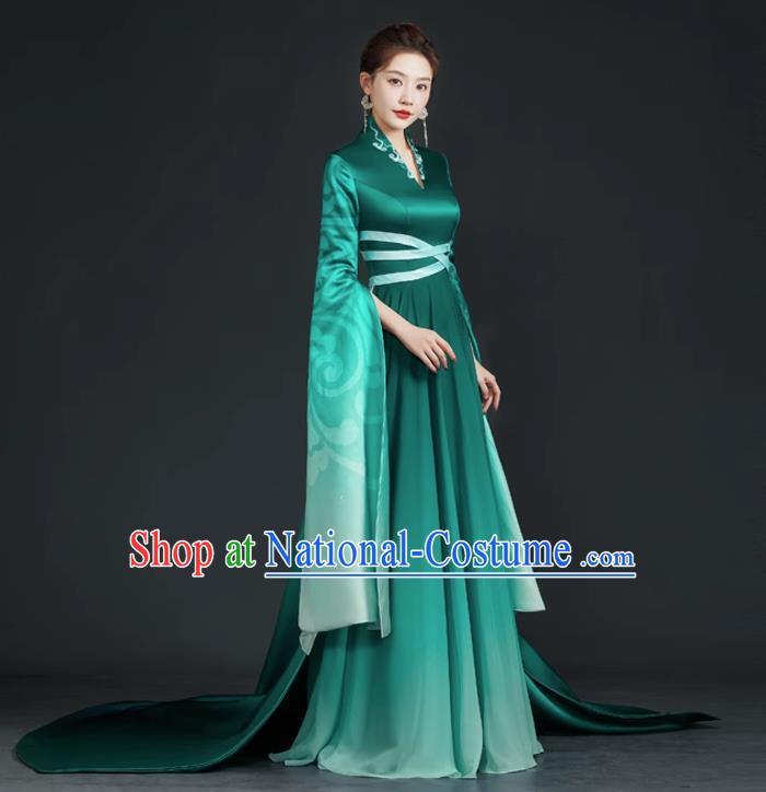 China Style Top Catwalk Evening Dress Trailing Long Model Team Stage Performance Clothing Art Test Dress Green