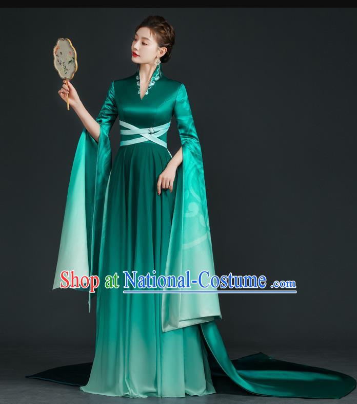 China Style Top Catwalk Evening Dress Trailing Long Model Team Stage Performance Clothing Art Test Dress Green