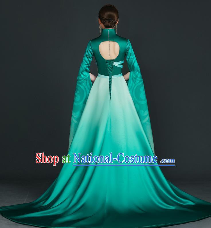 China Style Top Catwalk Evening Dress Trailing Long Model Team Stage Performance Clothing Art Test Dress Green