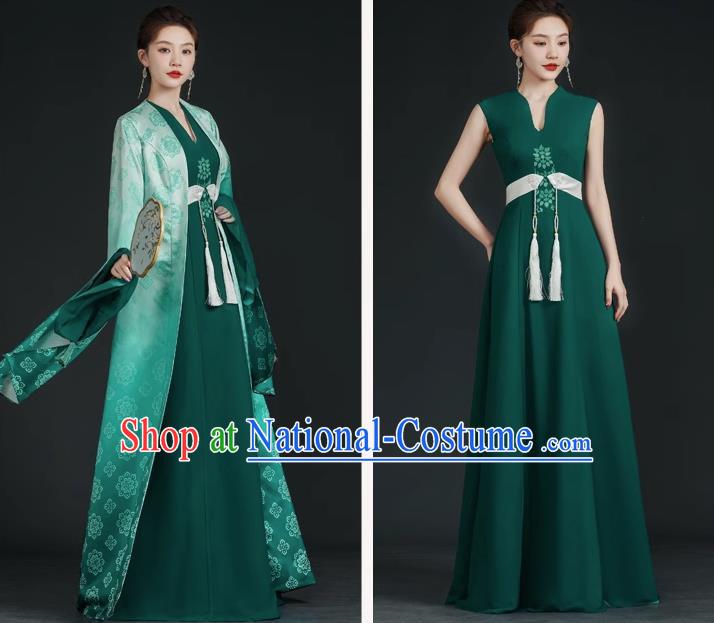 China Style Top Catwalk Evening Dress Trailing Long Model Team Stage Performance Clothing Art Test Dress Green