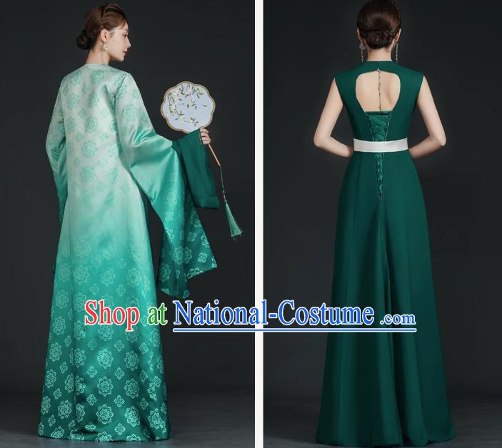 China Style Top Catwalk Evening Dress Trailing Long Model Team Stage Performance Clothing Art Test Dress Green