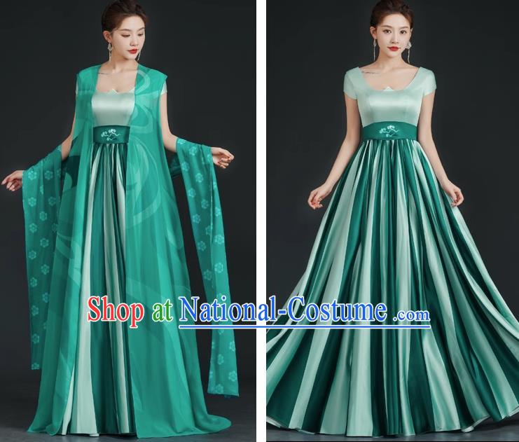 China Style Top Catwalk Evening Dress Trailing Long Model Team Stage Performance Clothing Art Test Dress Green