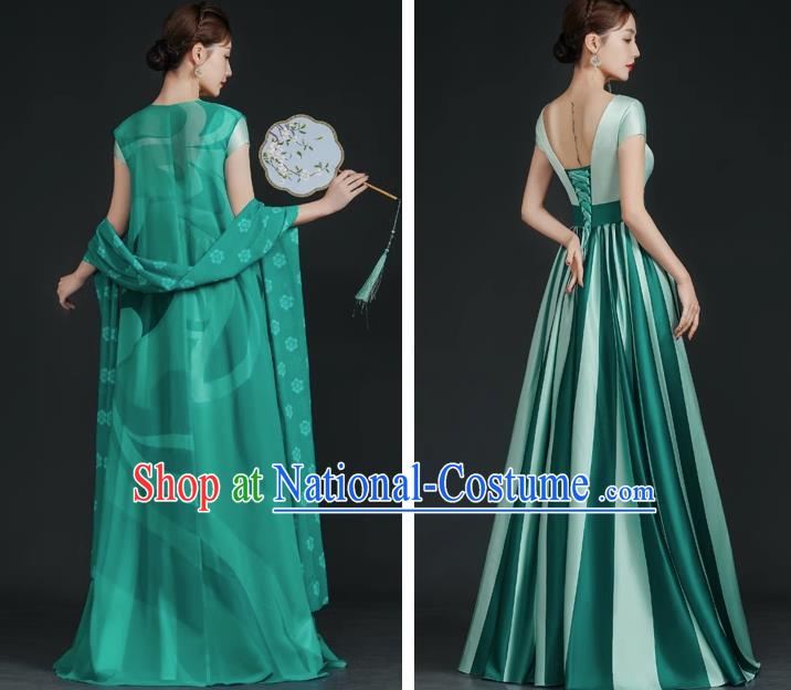 China Style Top Catwalk Evening Dress Trailing Long Model Team Stage Performance Clothing Art Test Dress Green