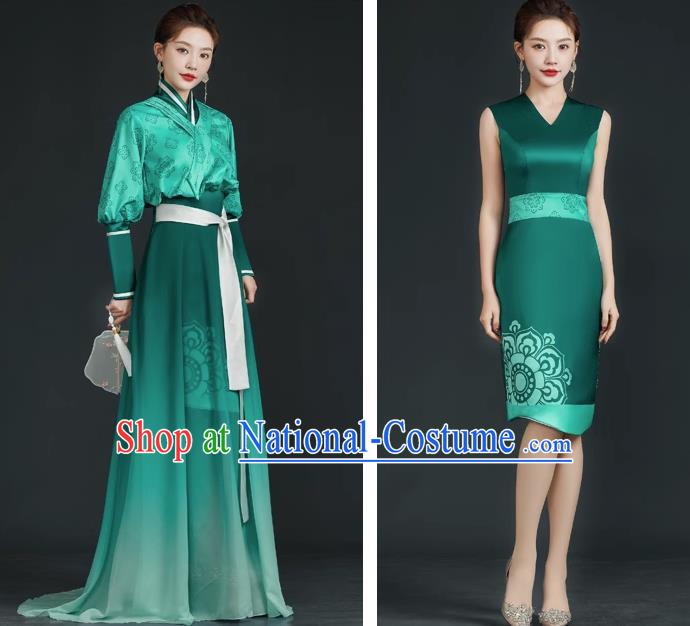 China Style Top Catwalk Evening Dress Trailing Long Model Team Stage Performance Clothing Art Test Dress Green