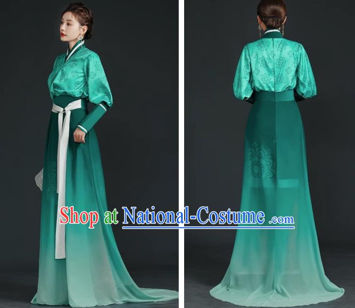 China Style Top Catwalk Evening Dress Trailing Long Model Team Stage Performance Clothing Art Test Dress Green